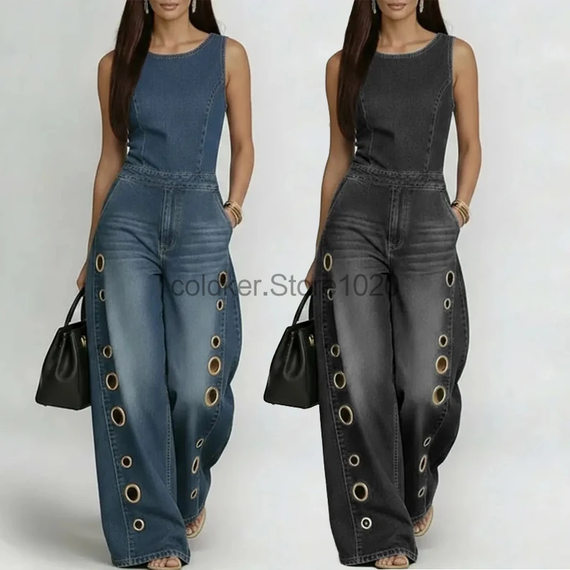 New Women Fashion Sleeveless Round Neck Eyelet Wide Leg Denim Jumpsuit Spring Summer Casual Denim High Waist Straight Leg Jeans