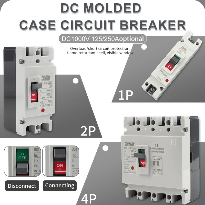 MCCB PV 1000V DC Molded Case Circuit Breaker Overload/Short Protection Switch Protector Photovoltaic 150A 250A CE Certification