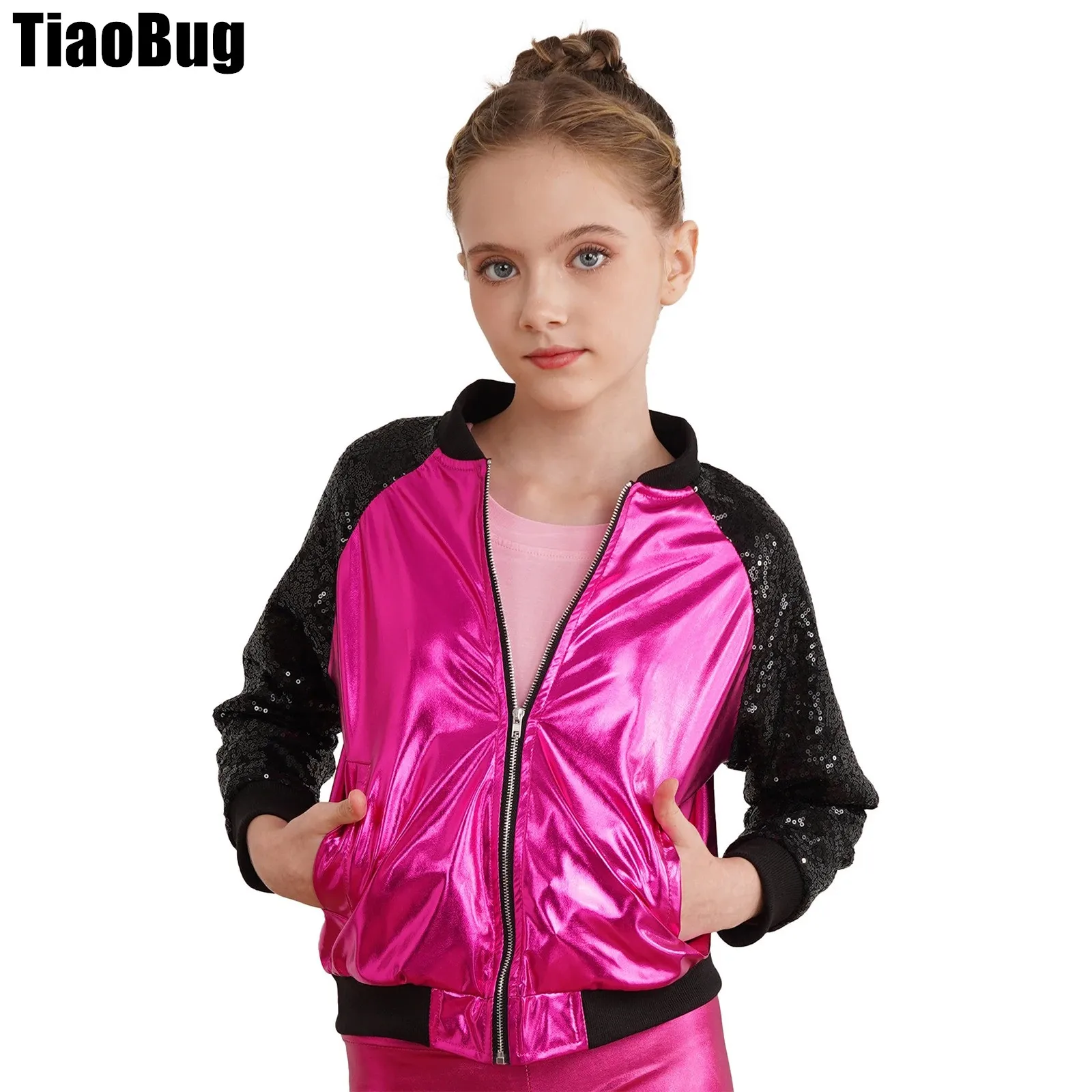 

Kids Girls Shiny Sequins Dance Jacket Long Sleeve V Stand Collar Zipper Closure Front Bronzing Cloth Outerwear Stylish Clothing