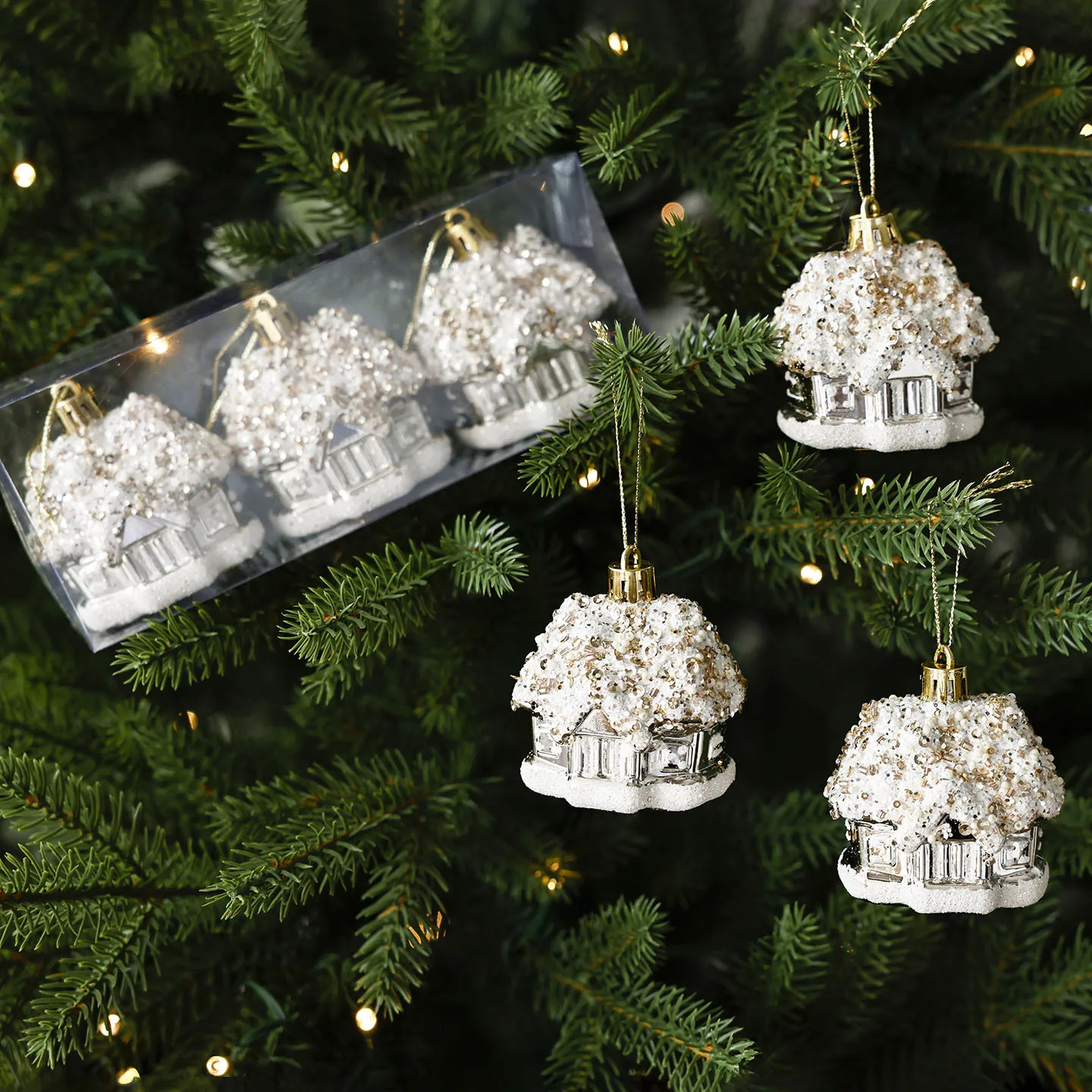 House Pendant Christmas Ornament, Plastic Hand Painted Electroplated Ball, Tree Accessory for Scene Layout