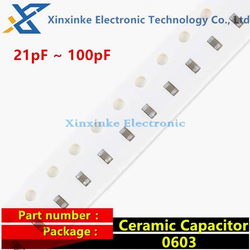 

100PCS 0603 50V SMD Ceramic Capacitor 22pF 24pF 27pF 33pF 36pF 39pF 43pF 47pF 51pF 56pF 62pF 68pF 82pF 91pF 25/30/50/75/100pF