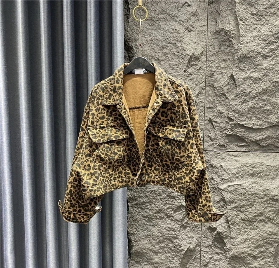 Girls Spring and Autumn Leopard Pattern Cowboy Short Coat Korean Fashion Large Pocket Loose Casual Versatile Denim Coat