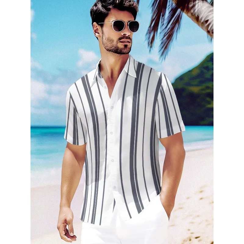 

Summer Hawaiian Shirt Men Y2k Street Short Sleeve Stripe Tops Party Luxury Casual Loose Beach Shirt Fashion Man Trend 2024