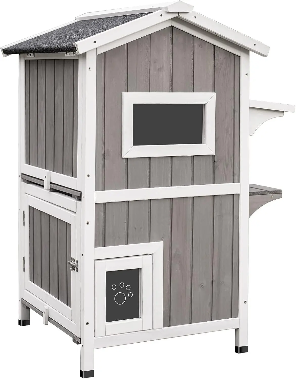 

Outdoor Cat Shelter Weatherproof, Two Story Wooden Outside Feral Cat House with Openable Roof, Escape Door