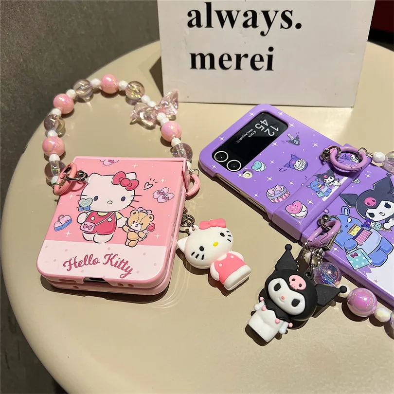 

Sanrio Hello Kitty Kuromi Z Flip 3 4 5G Case for Samsung Galaxy Cinnamoroll Full Protect Bead Chain Bracelet Lanyard Cover Gift