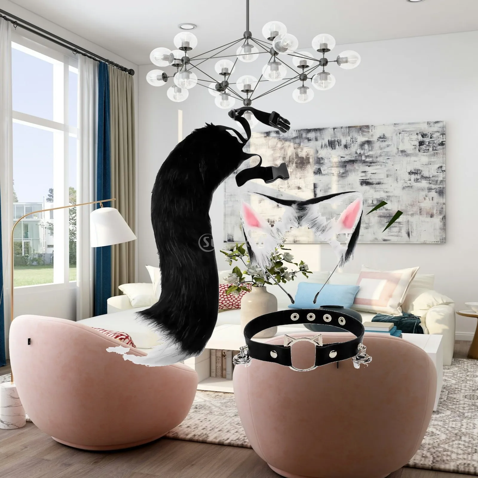 Animal Ears Headband with Tail and Bell Collar Plush Cat Fox Cosplay Costume Accessories for Halloween Christmas Party Photo