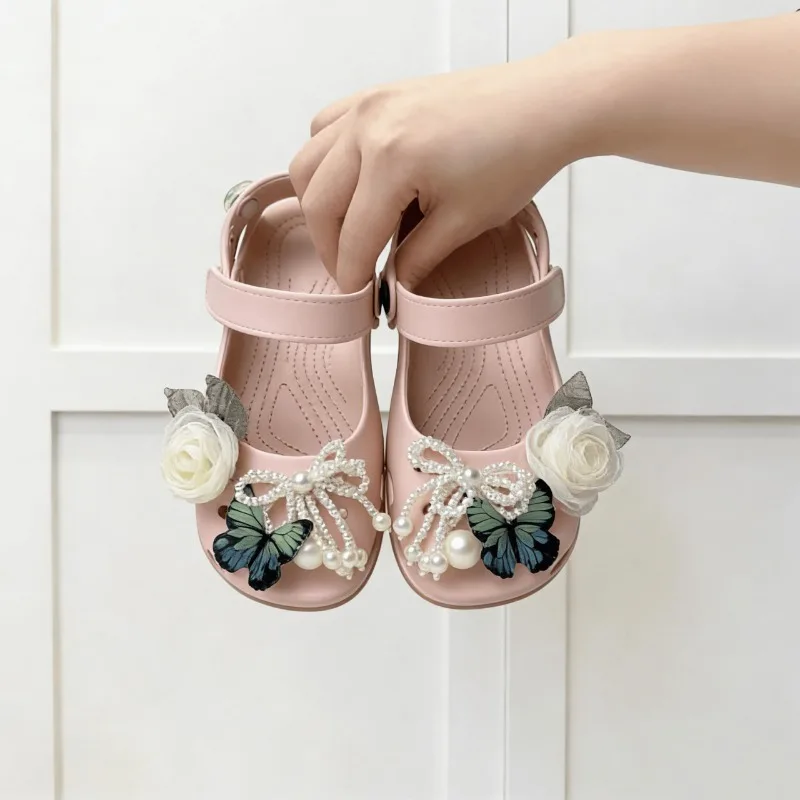 Girls Casual Shoes Sweet Beading Kids Beach Shoes Flowers Hollowed-out Breathable 2026 Summer New Children Slippers Soft Sole
