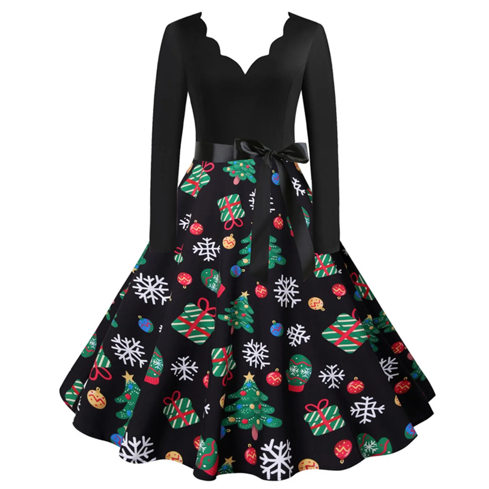 

Black Christmas Print Vintage Dress Women Swing Robe Pinup Sexy V Neck Long Sleeve Party Dresses 2024 Autumn Vestido A-Line