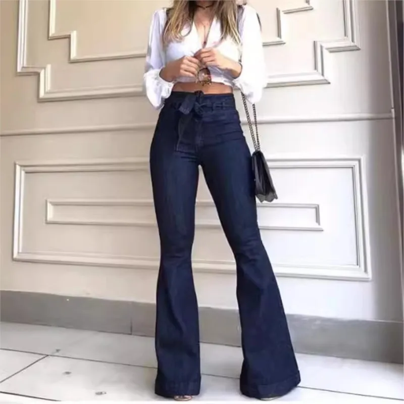 Women High Waist Bell Bottom Jeans Vintage Stretch Slim Fit Long Trousers Fashion Streetwear Pockets Bootcut Jeans Daily Dating