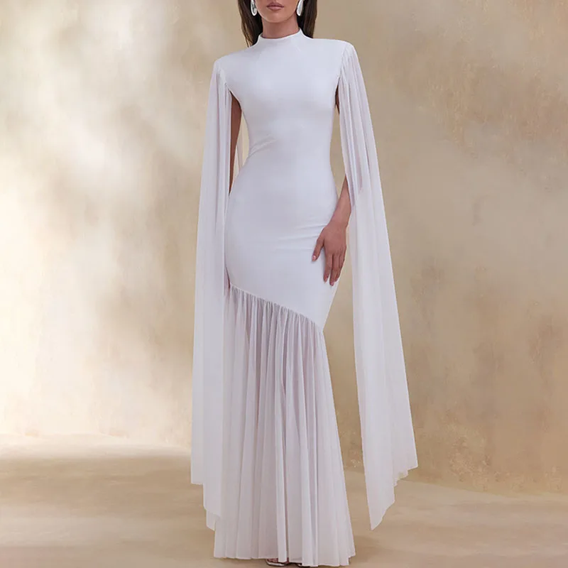

Elegant Solid Color Mesh Pleated Banquet Dress Summer Slit Sleeve Women's Dress Temperament O-neck High Waist Slim Evening Dress