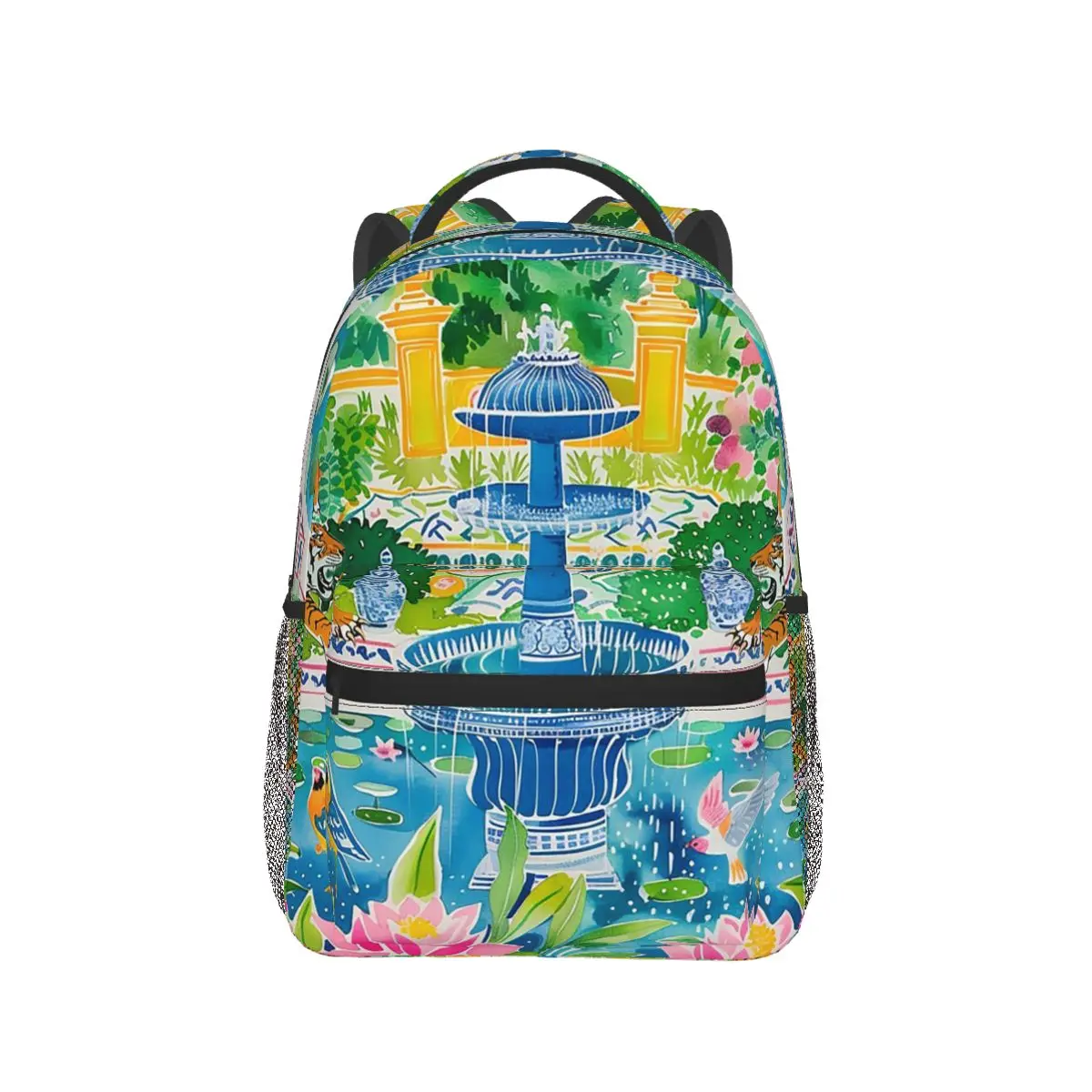 

Garden With Flowers Birds And Fountain Fountain Backpack Hot Sale Daypack Large Capacity Kids BookBag School Bag Shoulder Bags