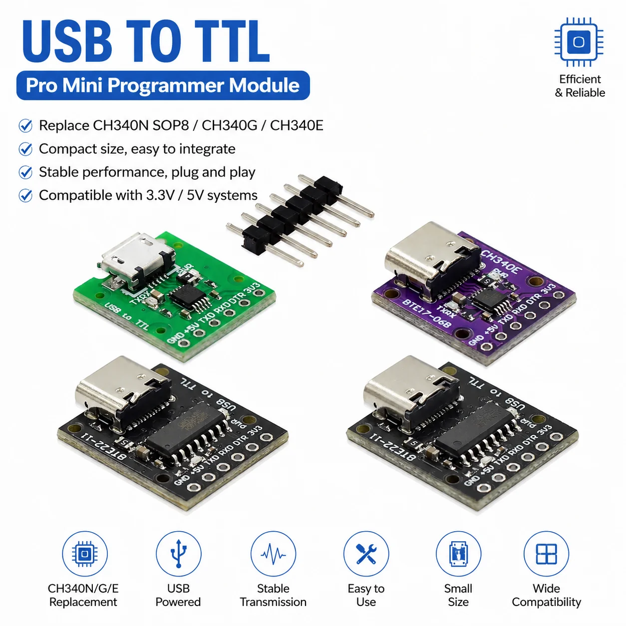 USB to TTL Pro Mini Programmer Module Type-C/Micro USB Serial Converter CH340N CH340G CH340E Replacement 3.3V 5V UART Download A