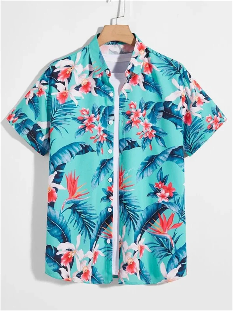 Hawaiian Leaves 3D Shirt Men\'s Summer Fflower Pattern Clothing Breathable Loose 3XL Beach Top Men\'s Outdoor Casual Short Sleeve