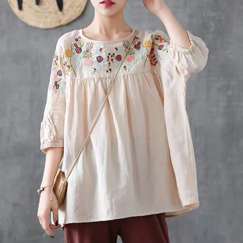 Women\'s Clothing Vintage Embroidery Ethnic Style Oversized Blouse Summer Casual O Neck Half Sleeve Shirt Cotton Tops Y2K Blusas