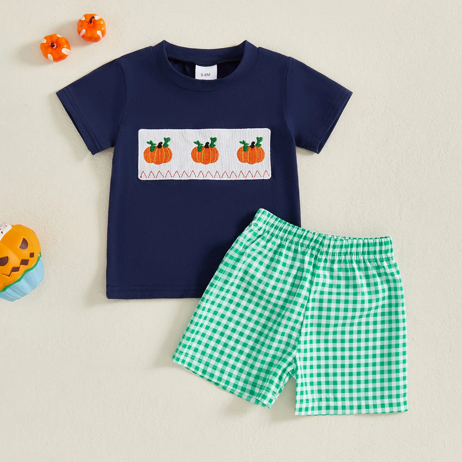 

Toddler Baby Boy Halloween Clothes Pumpkin Embroidery Smocked Short Sleeve T-Shirt and Plaid Shorts Set Fall Outfits