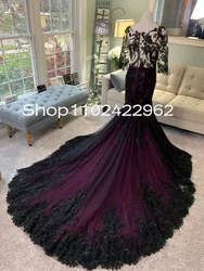 Customized Black and Purple Gothic Wedding Dresses with  Sleeves Lace Applique Buttons Sheer Neck Trumpet Mermaid Bridal Gown