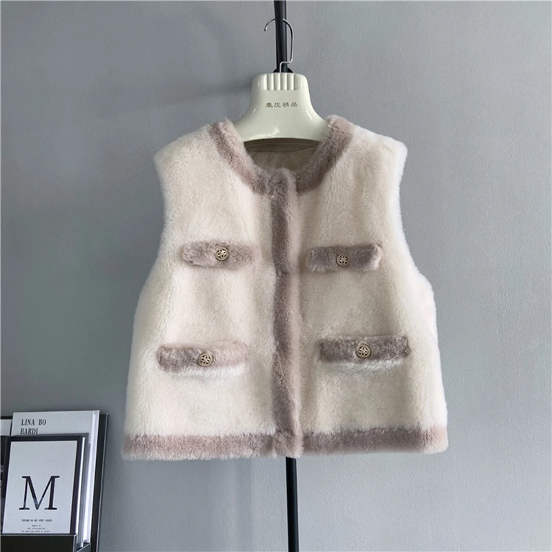 

Autumn Winter Real Wool Vest Women New Loose Casual Suede Lining Patchwork Lamb Waistcoat Temperament Elegant Warm Female Tops