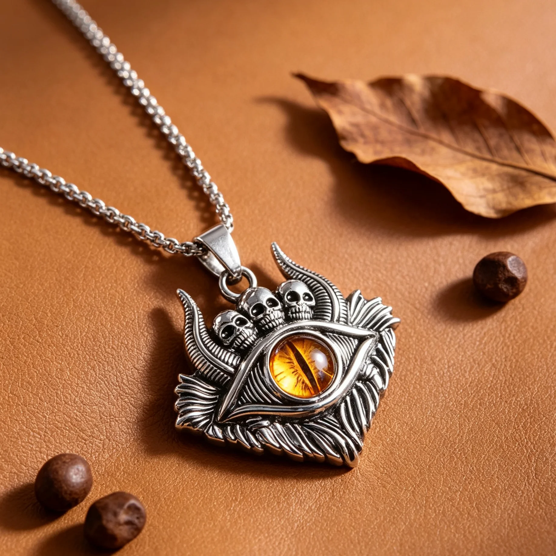 Vintage Skull Evil Eye Pendant Necklace Gothic All Seeing Eye Titanium Steel Chain Jewelry Gift for Men