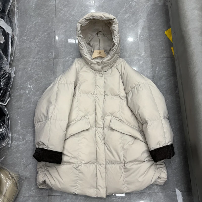 Kurtka puchowa damska Schinteon, biała, z kaczym puchem, jesienno-zimowa, ciepła odzież wierzchnia z kapturem, luźny krój oversize, nowość 2025, realne zdjęcia.