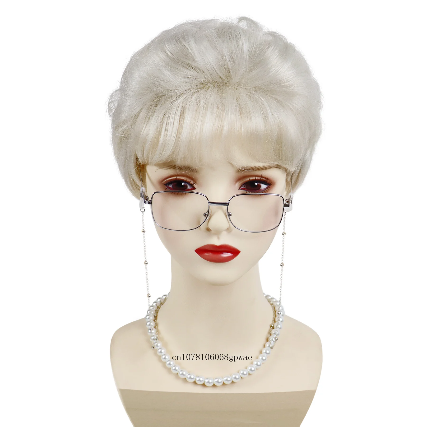 Synthetic Short White Old Lady Wigs for Women Granny Cosplay Costume Set with Glasses Chain Necklace Daily Blanche Halloween Wig