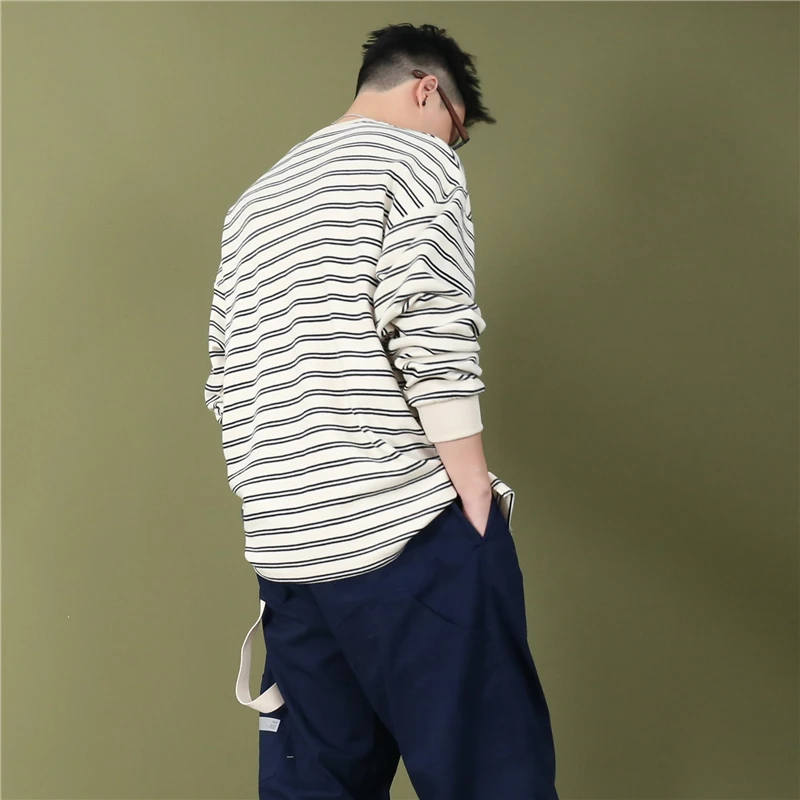 

Японская мужская толстовка с длинным рукавом в стиле Lazy Sea Soul, черно-белая полосатая футболка, весенне-осенняя одежда