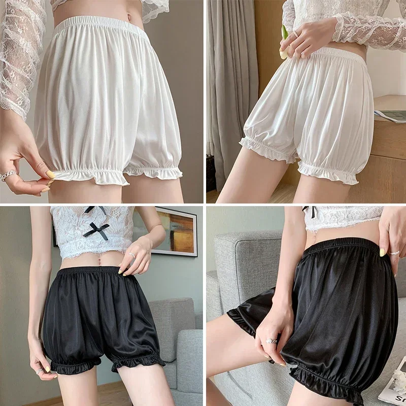 

Women Lace Short Panties Imitation Silk Ruffle Bloomers Anti Exposure Safety Pants Lolita Satin Knickers Shorts Dress Pettipant