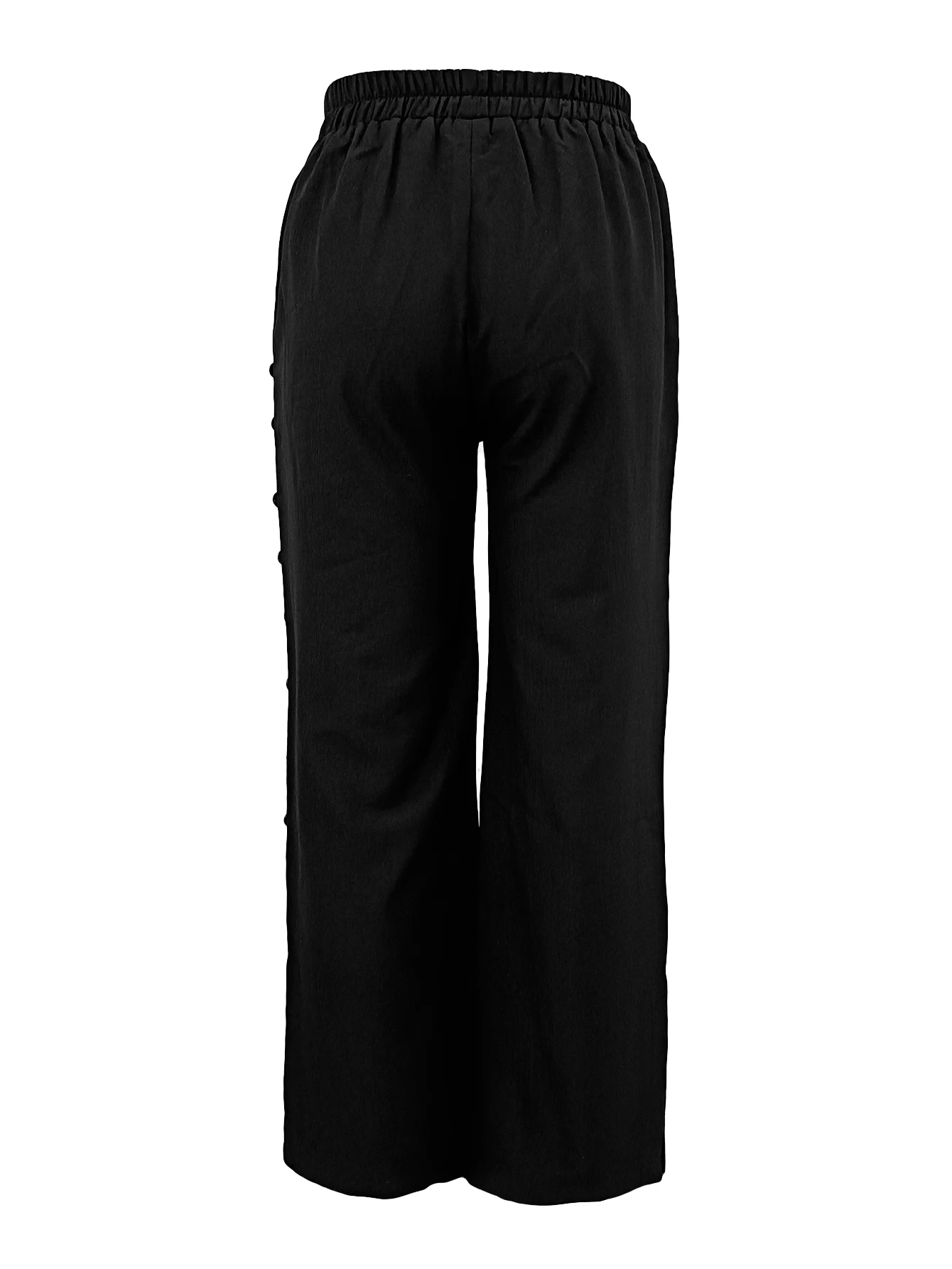 Women Fashion Elastic Waist Wide Leg Pants Button Decor Casual Solid Color Loose Female Elegant Trousers