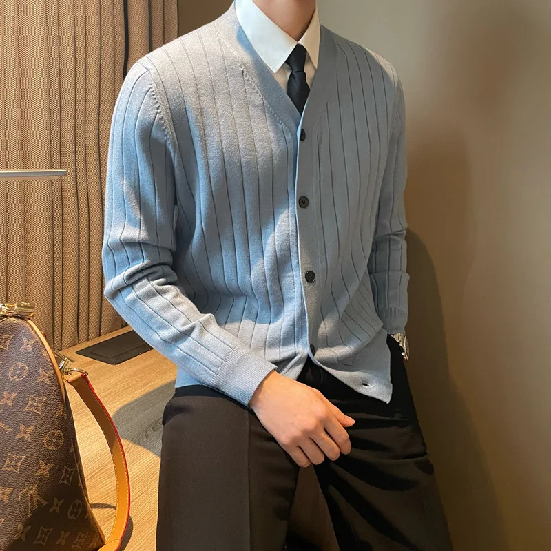 

Slim Fit Texture Knitted V-Ne Sweater Faionable Simple Trendy Men's Striped Cardigan Small Outerwear Casual Long Sve