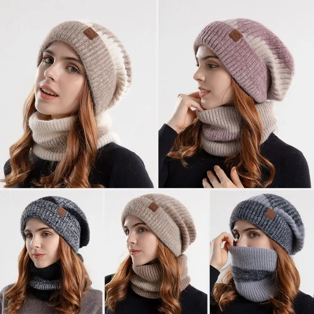New Thicken Soft Hat Scarf Set Fleece Lined Windproof Coldproof Beanie Hat Warm Ear Protection for Women