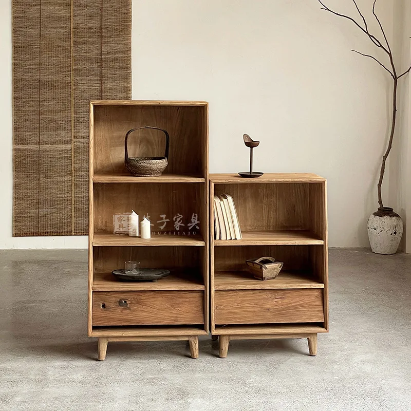 Wabi Sandy Wind Solid Wood Bookcase Living Room Side Cabinet Homestay High and Low Locker Combination Simple Sofa Side