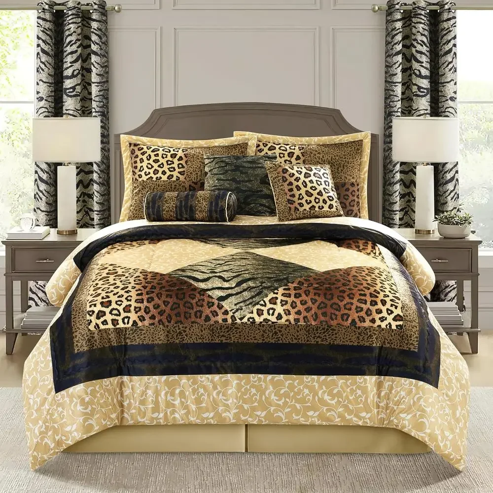 Leopard Print King Size Comforter Set, 9-Piece, Plush Short Fur, Matching Bed Skirt, Pillows, Shams, Curtains, All-Season Beddin