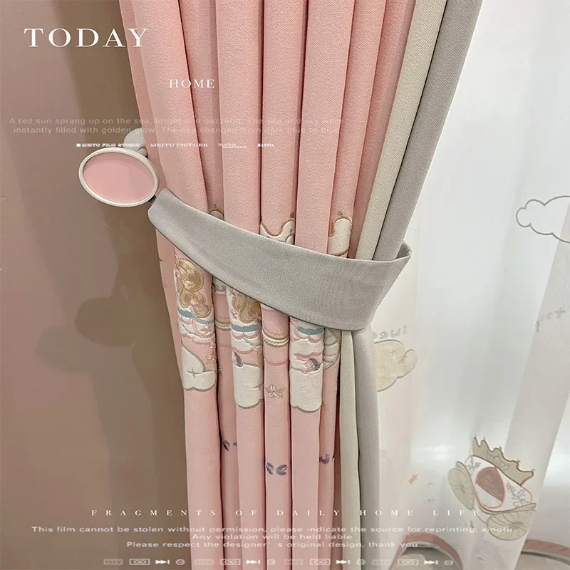 

Kids-children Cartoon Children's Room Embroidery Pink Curtains for Living Room Bedroom Dining Pink Blackout Tulle Valance Cute