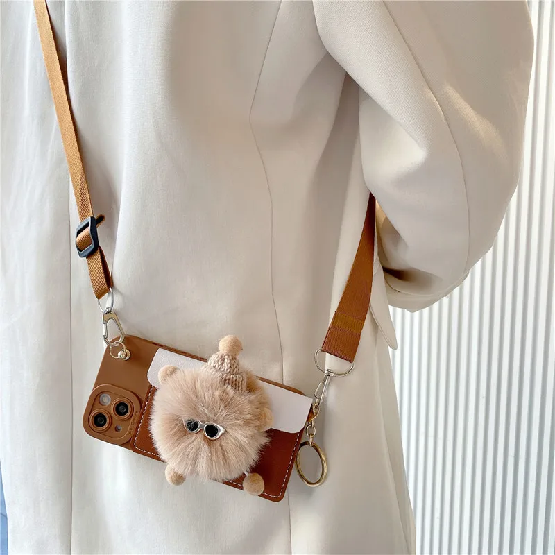 Lindo bolso de tarjeta de muñeco de peluche 3d con cordón funda de teléfono para chica para Iphone 16 15 14 13 12X11 Pro Max Xr 7 Plus Se Coque Fundas