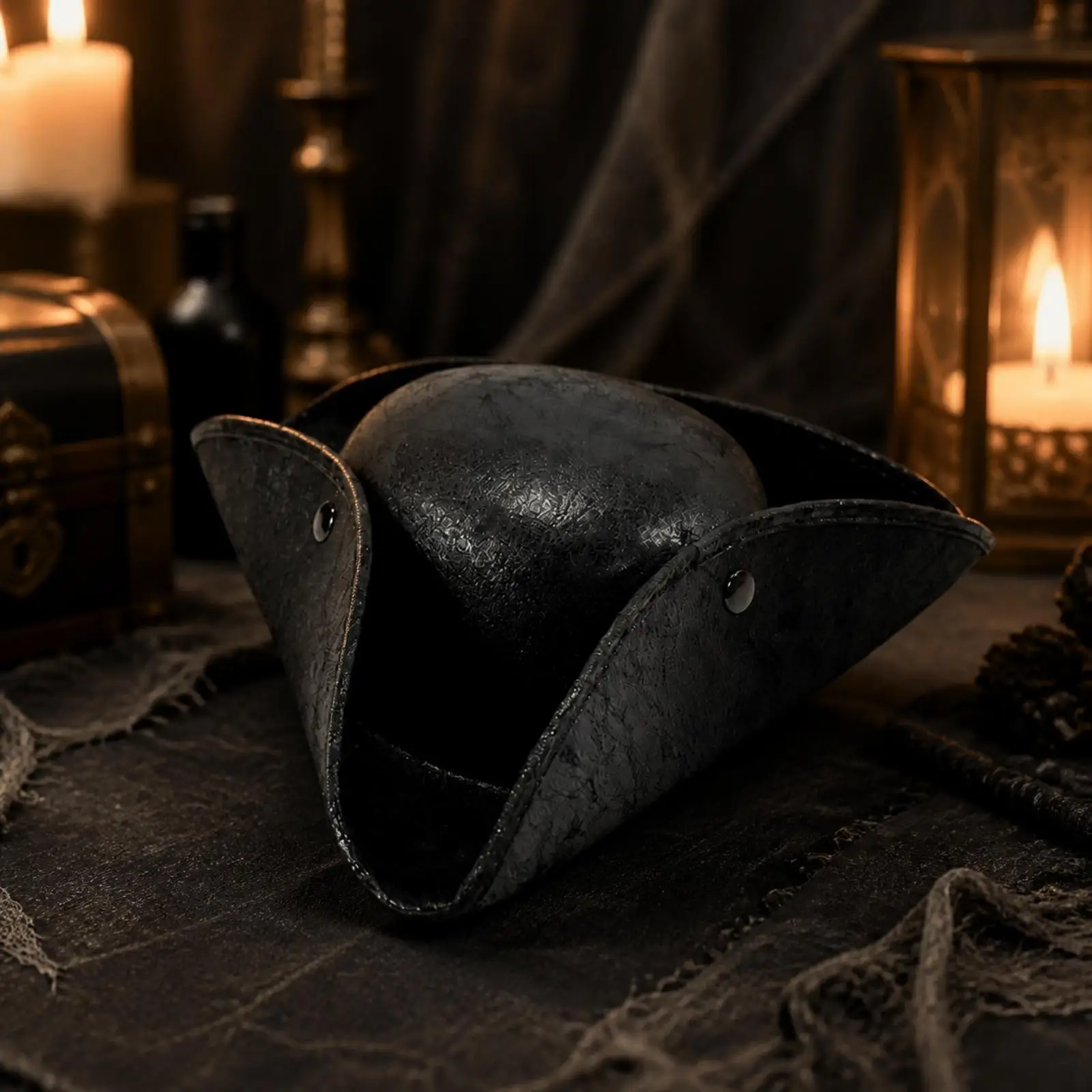 Lightweight Tricorn Pirate Hat with Metal Buttons and Texture, Ideal for