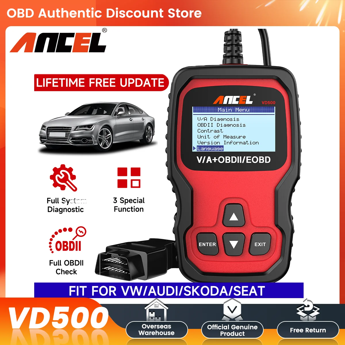 

Бестселлер ANCEL VD500 OBD2 Сканер Все системы Считыватель кодов Airbag ABS EPB Сброс масла Автомобильный диагностический инструмент для VAG VW Audi Skoda