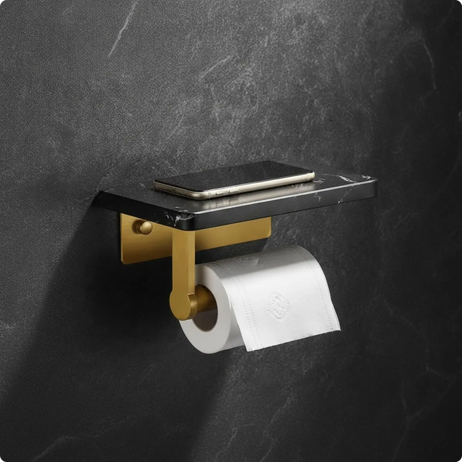 Toilet Paper Holder with Shelf Marble Pattern Gold Finish No Drill Wall Mounted Bathroom Organizer Waterproof Tissue Dispenser