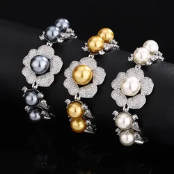 Elegant Flower White Grey Pearl Charm Bracelets for Women Bracelets with Rhinestone Accents Jewelry Wedding Engagement Gift