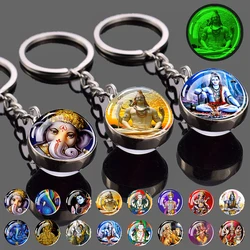 Esspoc Retro Religion Key Chain Double Side Indian God Shiva Glass Dome Keychains Keyrings Glowing in the Dark Women Gift Amulet