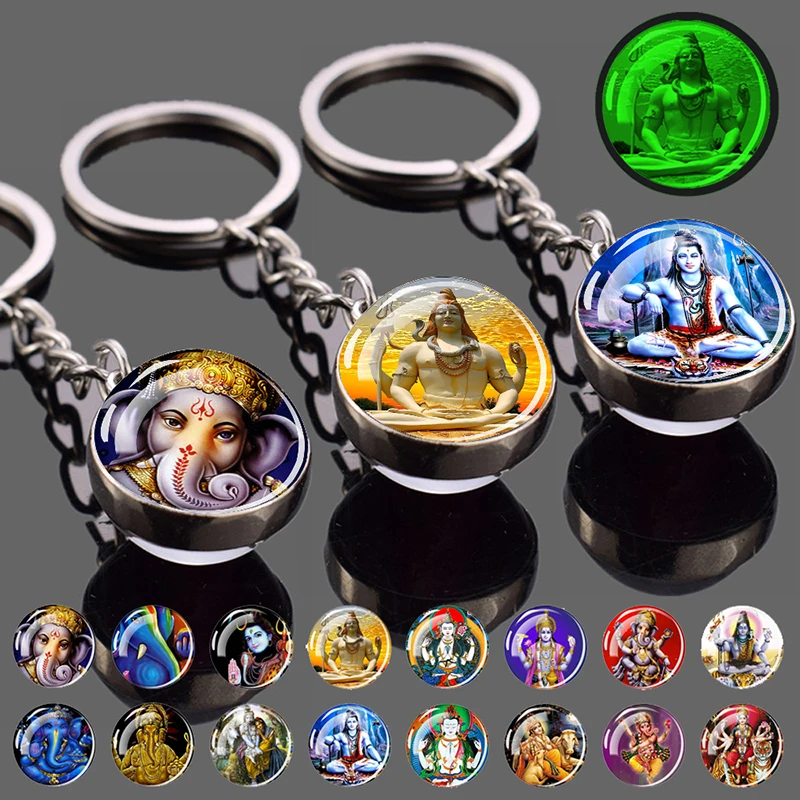 Esspoc Retro Religion Key Chain Double Side Indian God Shiva Glass Dome Keychains Keyrings Glowing in the Dark Women Gift Amulet