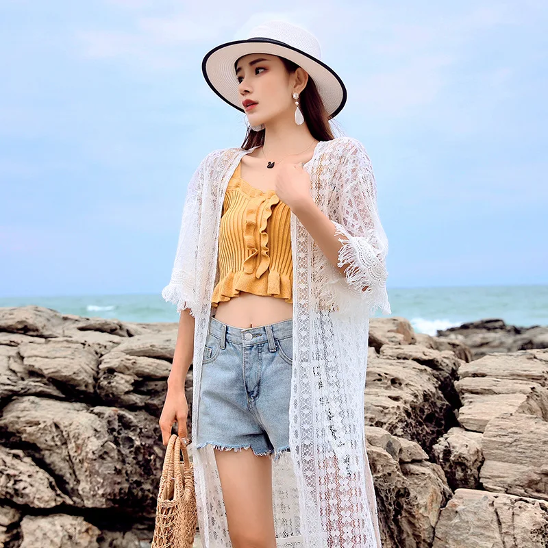 Cardigã de renda com pendão para mulheres, estilo boho, oco, camisas brancas, xale de praia, férias à beira-mar, verão, comprimento midi