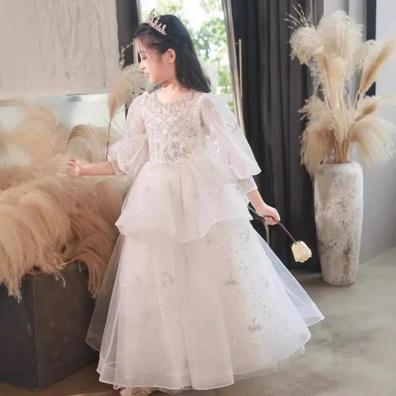 

's Little Wedding Sweet Girl High-end Birthday Princess Dress Children's Piano Performance White Tulle
