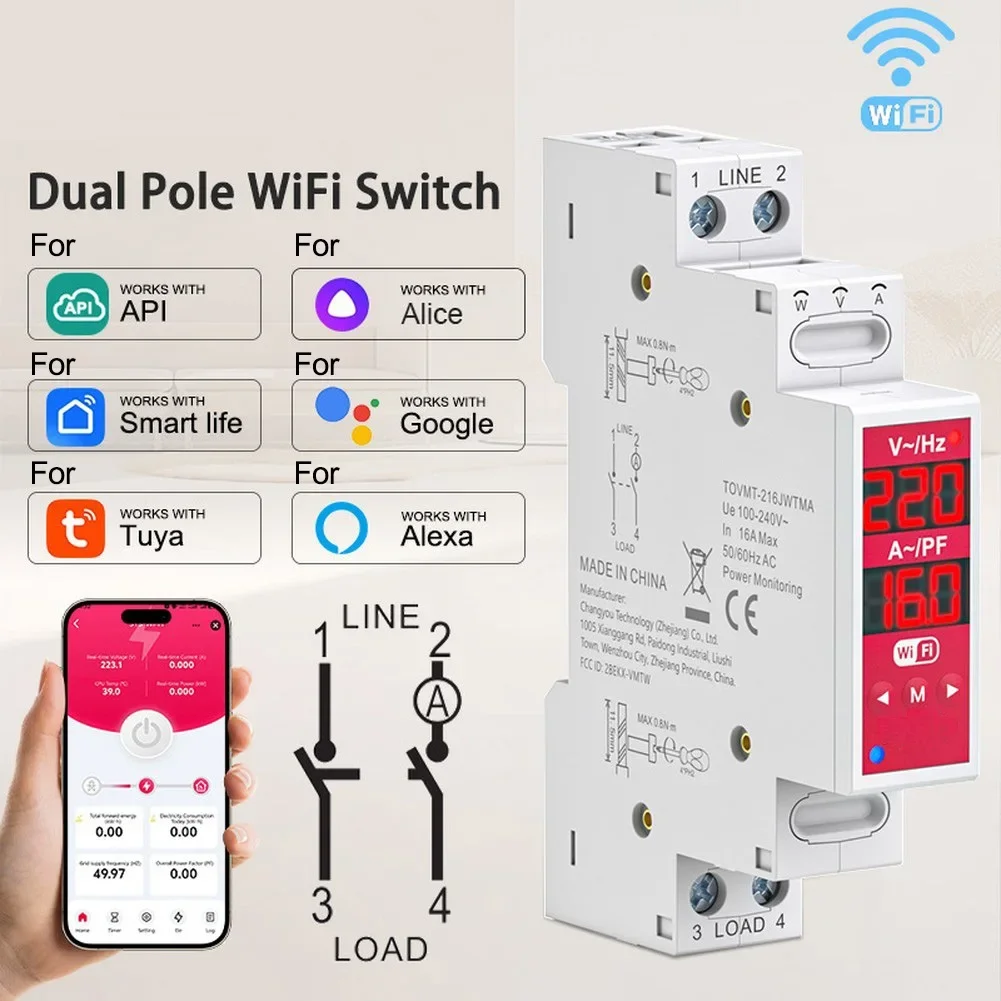 

Для Tuya 2P Wi-Fi переключатель 18 мм DIN-рейка 16A умное реле с мониторингом электроэнергии в реальном времени и дистанционным управлением