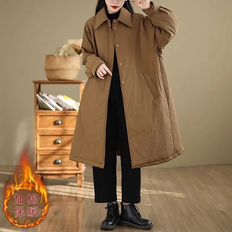 Vefdisa 2024 Herbst Winter Neue Kaffee Frauen Parkas Mantel Revers Langarm Mid-länge Parkas Mantel Retro Warme Parkas mantel ZXY1209A