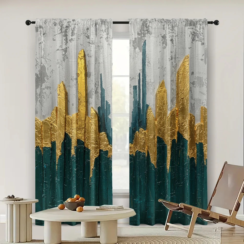 2pcs, spring summer Curtains Green gray green and gold foil abstract Prints Light Filtering Curtains Polyester Home Decor Use