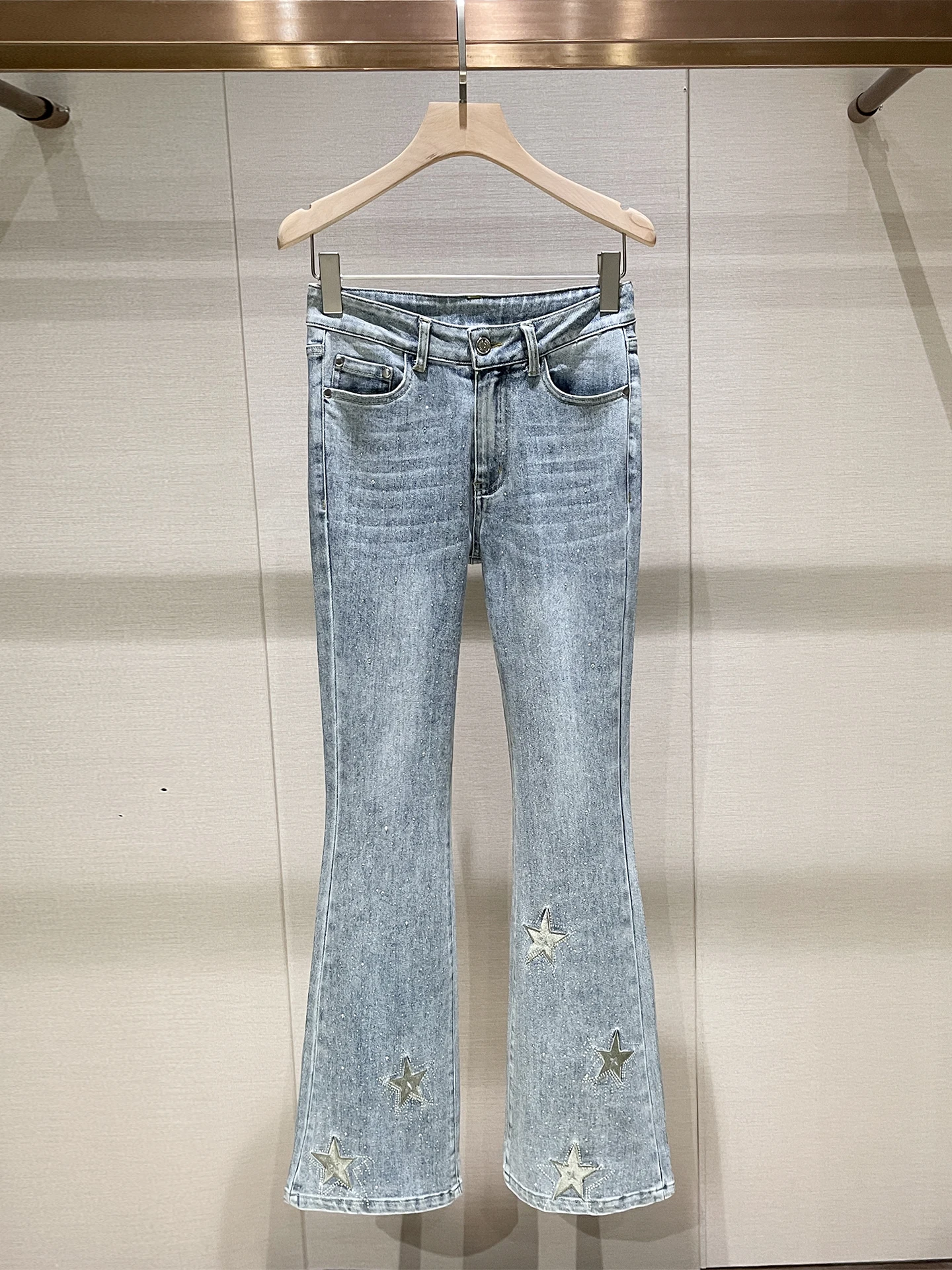 

Американские ретро джинсы Sle Bell Bot с высокой талией и звездной вышивкой, синие длинные брюки, Новое поступление, женские модные повседневные брюки...