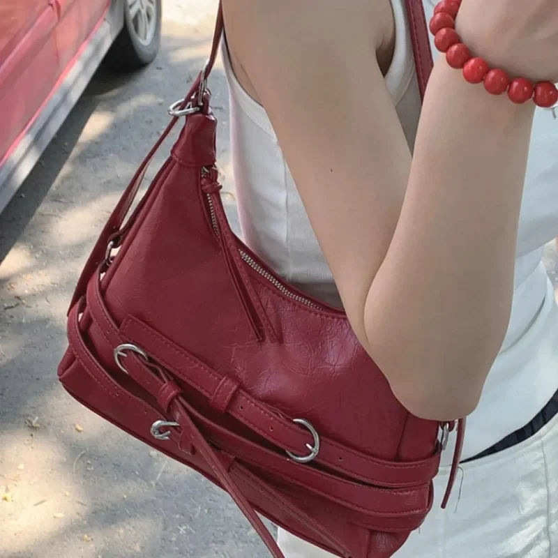 MBTI Y2k Vintage Shoulder Bag for Women Gothic Red Fashion New in Handbag Casual Leather Designer Motorcycle Female Armpit Bag