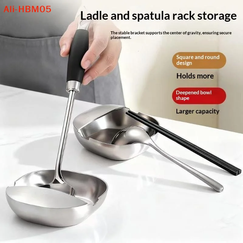 (HB05)Stainless Steel Ladle Rack Self-Standing Stable SpatuThickened Spoon Rest Rust Proof Base Kitchen Cooking Utensil Holder