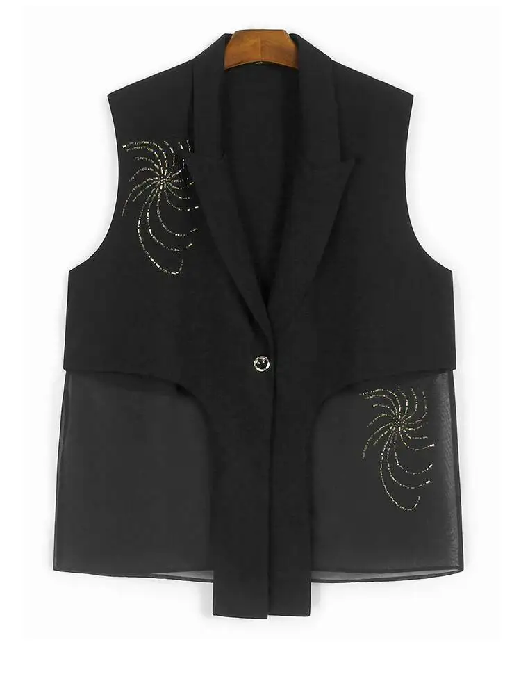 

Женский черный сетчатый жилет со стразами и аппликацией большого размера, новый модный жилет без рукавов с v-образным вырезом, весна-осень