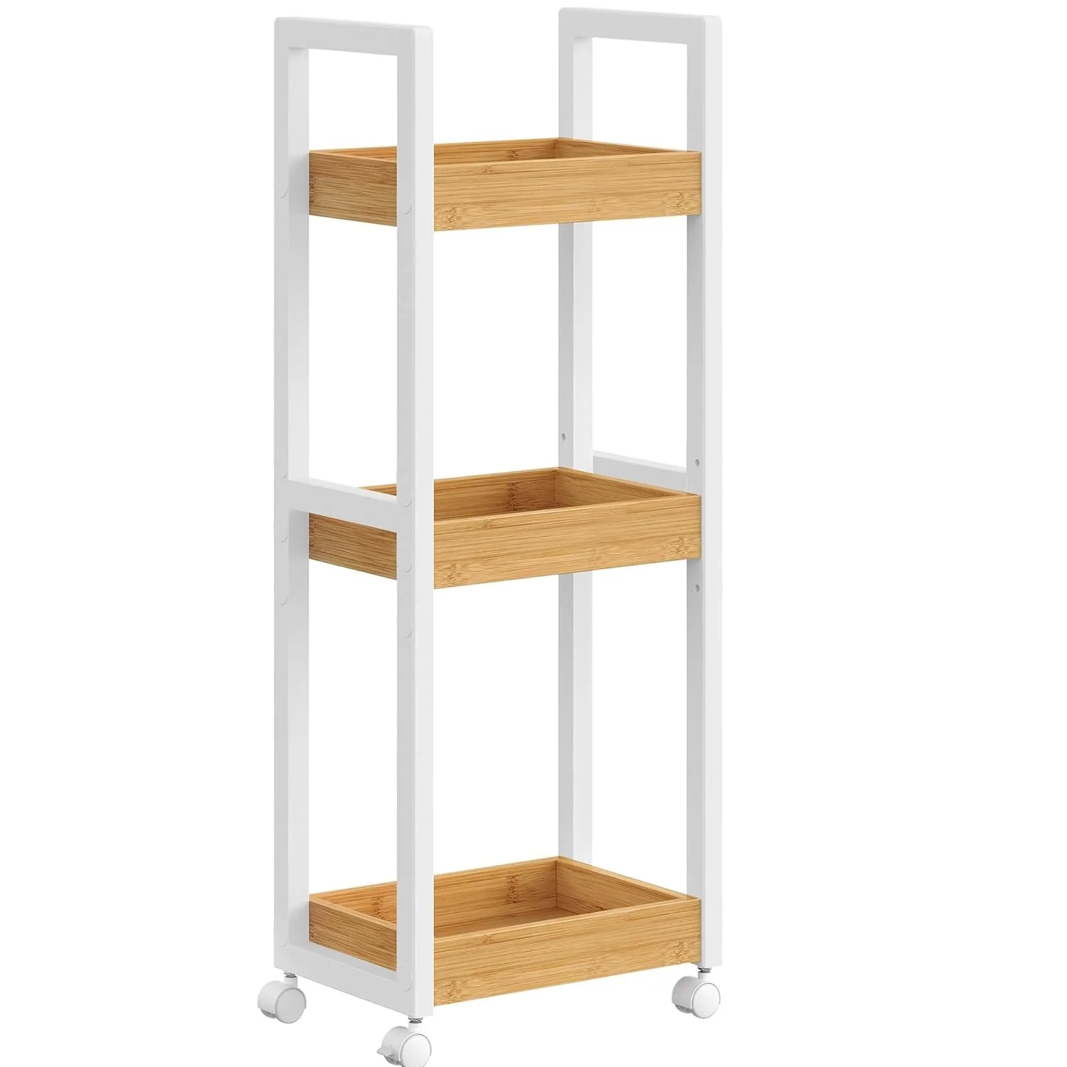 Carrello da Bagno a 3 Livelli, 20x30x80 cm, Carrello Portaoggetti, Ferro/Bambù, Salvaspazio, 20x30x80 cm, Bianco/Nero