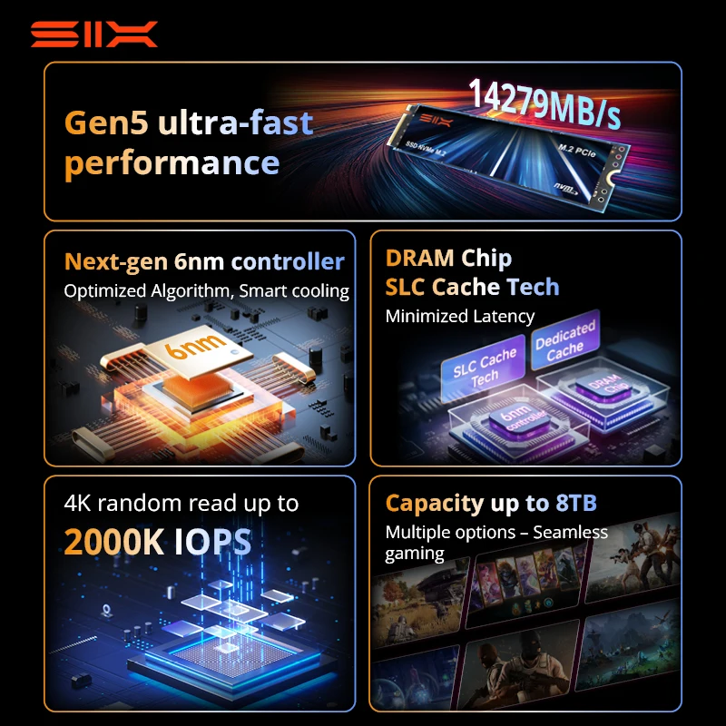 SIX 2 تيرابايت 14279 ميجابايت/ثانية SSD، M.2 PCIe Gen5x4 NVMe 2.0، 2 جيجابايت DRAM كاش، 1200 تيرابايت وات، SSD داخلي